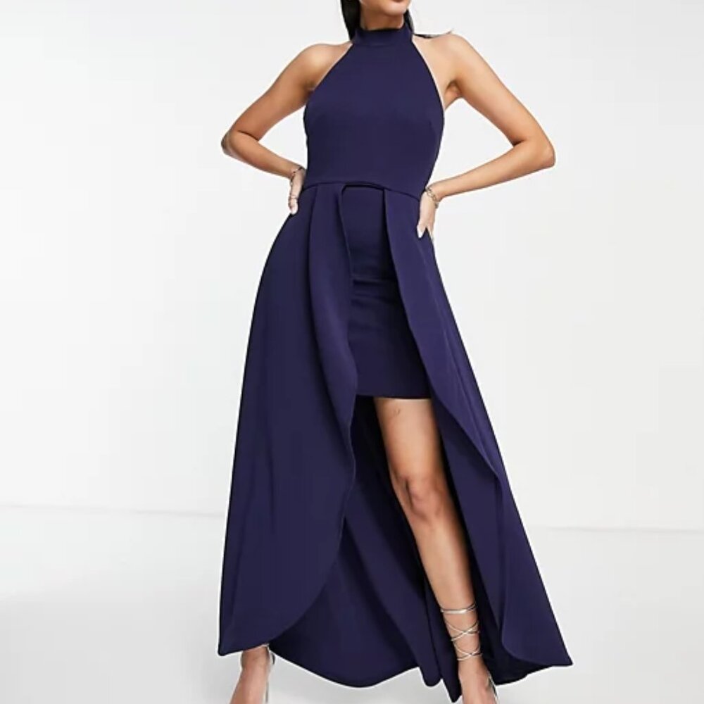 True Violet Halter Neck High Low Midi Maxi Dress with low back in Navy size US 4